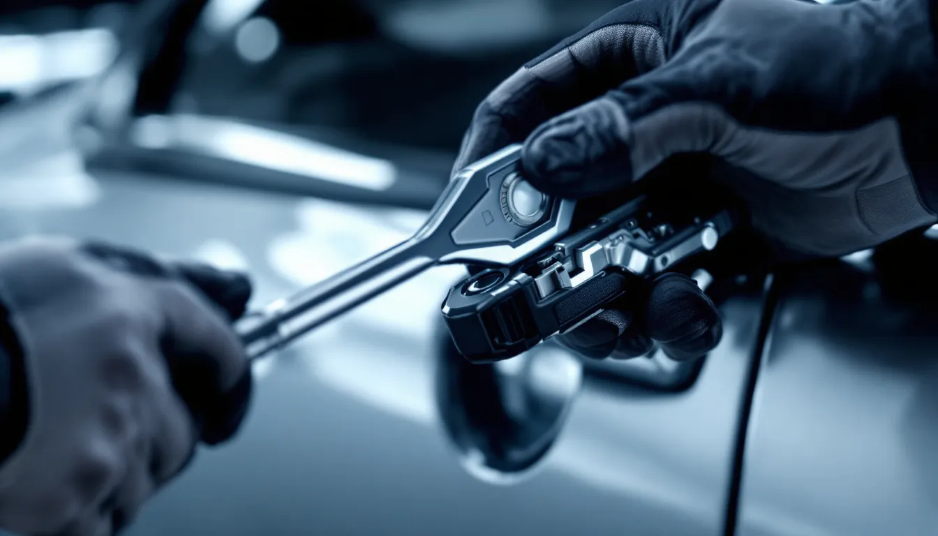 A long-reach tool being used to extract a key from a locked car, showcasing cutting-edge tools for key extraction.