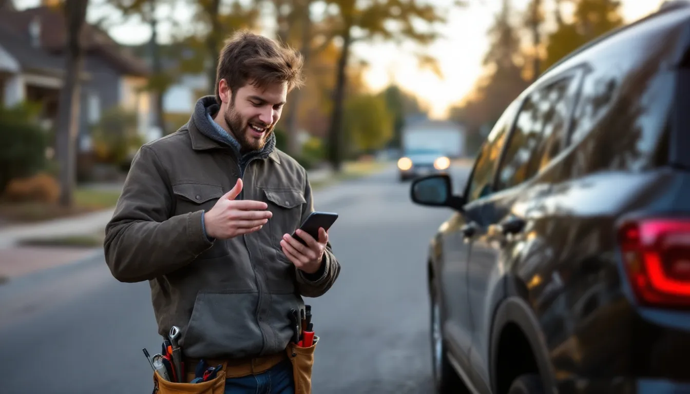 A person using a smartphone to call roadside assistance for a locked car situation.