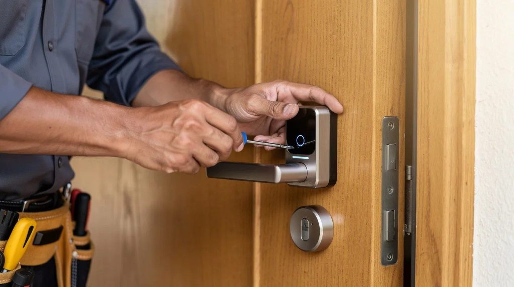 A technician is seen closely installing a modern smart lock on a wooden front door, showcasing the precision and care involved in professional locksmith services. This installation highlights the importance of home security and the use of advanced technology like smart locks for enhanced protection.