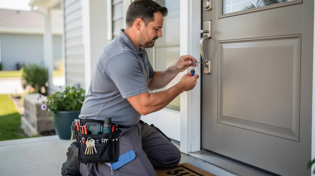 A professional locksmith technician is focused on repairing a residential front door lock, demonstrating expertise in lock changing and rekeying services. This image showcases the technician's attention to detail as they work to ensure the security and safety of the home.