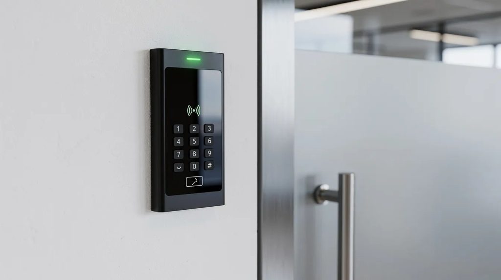 The image shows a modern card reader access control panel installed next to an office door, enhancing business security with electronic locks. This system is a part of reliable commercial locksmith services designed to protect commercial properties in Cutler Bay.