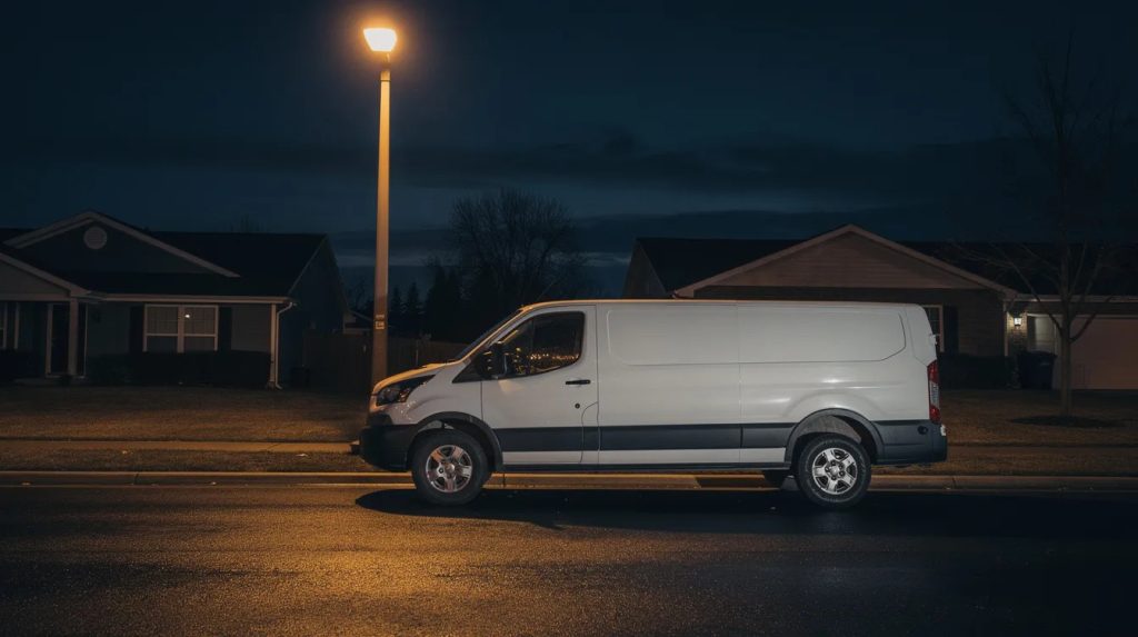 A white unmarked van is parked quietly on a dimly lit residential street in Homestead at night, suggesting the potential presence of locksmith services in the area. This scene evokes a sense of security and readiness, as professional locksmiths may be nearby to assist with emergency lockouts or key solutions for local residents.