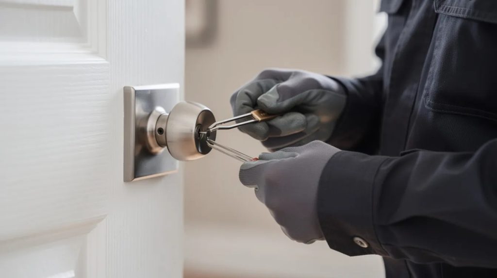 A person wearing gloves works on a door lock with tools, focusing on the lock mechanism.